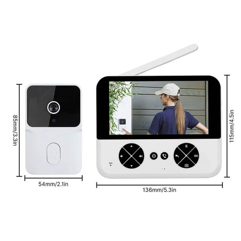 Wireless Video Doorbell Camera With 4.3 Inch IPS Screen No Sub Needed HD Night Vision Two Way Audio Auto Video Recording No Drill Mount Rechargeable Smart Doorbell Chime For Home showing dimensions and screen view.