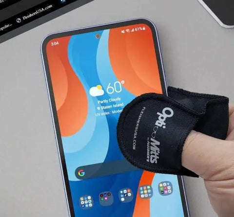 Using Opti Mitts Mitt Shaped Microfiber Eyeglass Cleaning Cloth on a smartphone screen