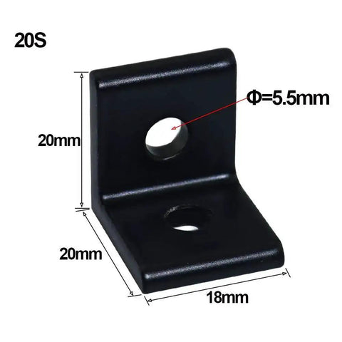 2 Hole Black 90 Degree Inside Corner Bracket Kit For 2020 Aluminum Extrusion 20x20 Profile With 6mm Slot, showing 18x20x20 mm size