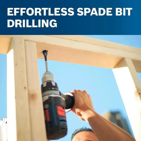 Person using Bosch Daredevil Spade Bit Set In Pouch With Full Cone Threaded Tip For Fast Drilling on wood frame vertically