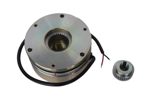 Front view of two-piece electro-magnetic forklift brake with gear-spline hub and wiring.