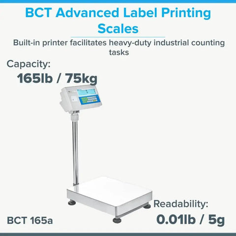 Front view of BCT Advanced Label Printing Bench Scale with 165lb capacity and 0.01lb readability for inventory shipping and receiving.