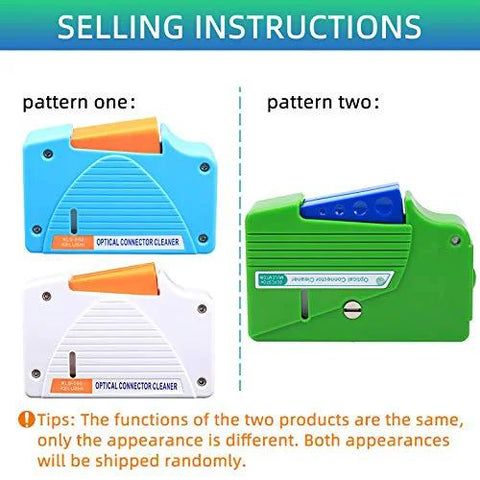 Two optical fiber connector cleaner cassette reels, blue/orange and green/blue patterns, for FC/SC/ST/LC/MU/D4 connectors.