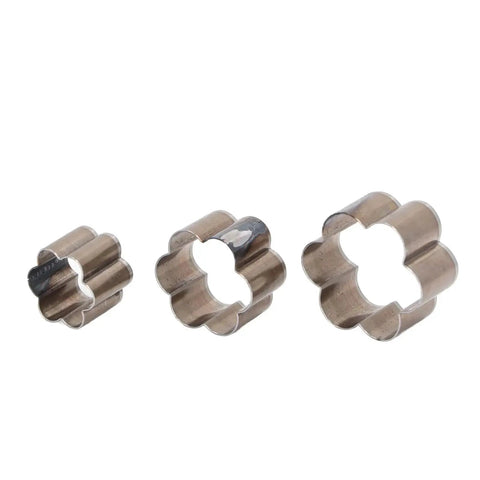 Flower Shaped Leather Hole Punch Die Set, 3-Piece Alloy Steel Punch Tools For Leatherwork, Fabric Crafts And DIY Projects, Hollow Die Cutters, Built To Last, showing three flower-shaped cutters in different sizes.