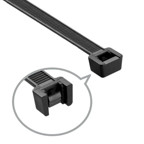 Close-up of black Heavy Duty Zip Ties Assorted Pack 6 Inch 40Lb 8 Inch 50Lb 12 Inch 50Lb Nylon 66 UV Resistant Indoor Outdoor Cable Ties