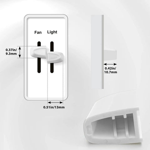 Two Dimmer Knob Replacements For Lutron Skylark Dual Dimmer Switches White shown from various angles with measurements