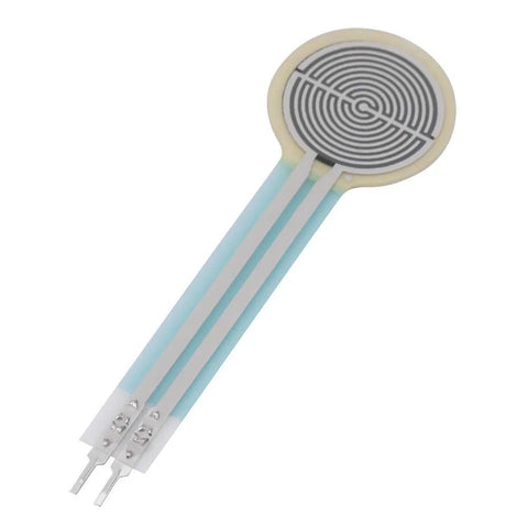 Round thin-film pressure sensor (FSR) with blue long-tail flex leads, 0–10 kg range, 0.5-inch diameter.
