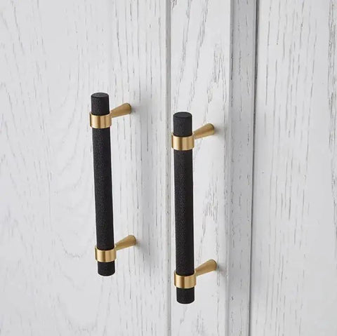 Set Of 2 Solid Brass Cabinet Pulls 6.3 Inches Long With 5 Inch Hole Centers Knurled Textured Handles In Gold And Black Finishes