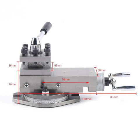 Pro Grade AT300 Mini Lathe Tool Rest Assembly With Quick Change Tool Post Holder made of durable cast iron, side view.