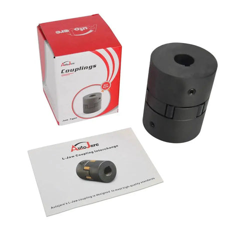 One Inch To One And Three Eighths Inch Bore L110 Series L Jaw Coupling Set With Buna N Rubber Spider Three Piece Kit For Log Splitter Shafts image including product packaging and coupling components.