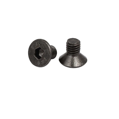 M3x5mm Black Nickel Plated Grade 10.9 Flat Head Hex Socket Cap Screw Bolts, 50pcs Set For Electronics, DIY Projects, Enclosures, RC, Automotive, And General Hardware Applications, showing front and side view of two screws
