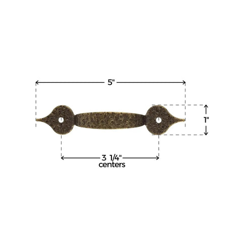 Antique Brass Hammered Drawer Pull With 3 1/4 Inch Centers, 5 Inch Width And 1 Inch Height, Vintage Reproduction Furniture Hardware