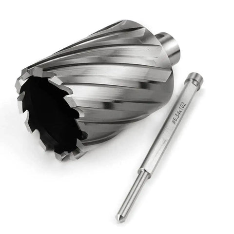 Two Inch Cutting Diameter Annular Cutter For Magnetic Drill Press With Three Quarter Inch Weldon Shank And Two Flat Pilot Pin on white background
