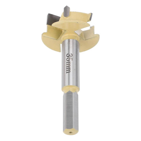 35mm Hinge Boring Bit With 9mm Hex Shank And 10mm Drilling Depth, 3 Flute Hinge Hole Cutter For Woodworking, shown front view