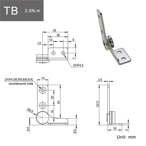 304 stainless steel damping hinge TB-right, 2.0 N·m torque, non-adjustable with mounting plate