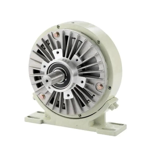 Front view of a beige magnetic powder clutch brake with mounting base and central shaft.