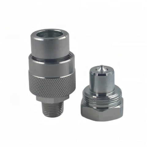 LX-KZE-B-03 3/8in NPT hydraulic quick-connect coupler set in metal gray, includes 2 dust caps