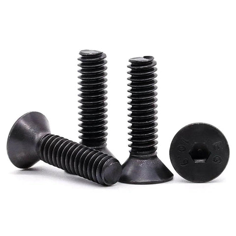 50 Pieces M5 X 30mm Flat Head Socket Cap Screws Black Oxide Finish 10.9 Grade Alloy Steel Full Thread Bolts displayed in front view.