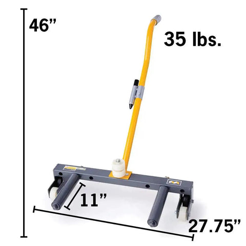 WINNTEC rolling tire dolly, front view: yellow handle, gray steel base, for changing car/truck tires