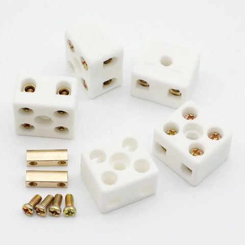 2-way porcelain ceramic terminal blocks, white, 25A 380V, set of 5 with brass screws