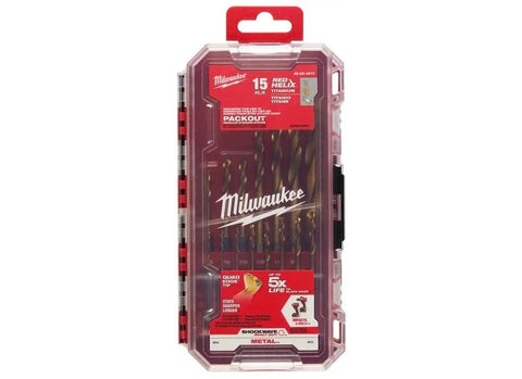 Titanium Shockwave Drill Bit Kit 15 Piece Set For Metal Wood And Concrete With Easy Installation Pro Grade High Speed Titanium Coated Bits For Long Lasting Performance Milwaukee 48 89 4670 Red in package.