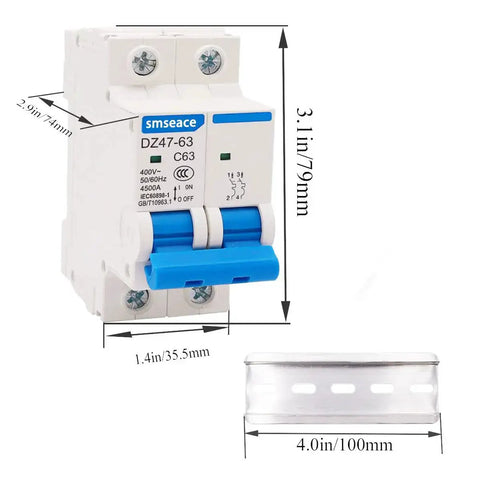 Front view of 32A 400V Miniature Circuit Breaker Two Pole Go-To AC Disconnect Switch C32 Din Rail Mount DZ47-63 Style Protective Breaker