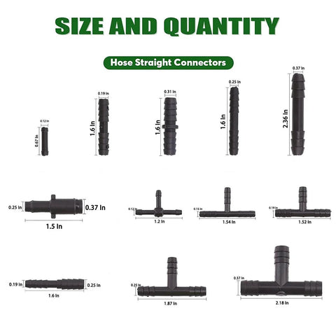 Diagram of Ultimate Vacuum Connector Kit With Nylon Barbed Fittings 113 Piece Assortment including hose straight connectors in various sizes.