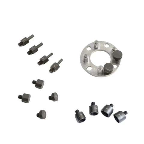 Camshaft pulley holder tool set for VW T10172/T10554; gray metal with circular mounting plate and adapters.