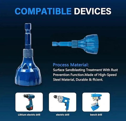 Pro Grade Deburring External Chamfer Tool with Tungsten Carbide Blade, blue, showing compatible drill devices