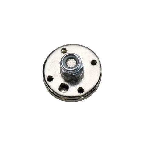 Chrome circular disk hinge/pivot with central nut and mounting holes for adjustable torque damping, 1 pc