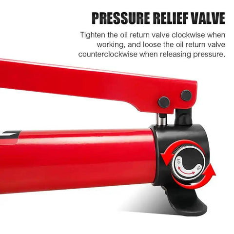 Close-up of red hydraulic pump with pressure relief valve from 15 Ton Hydraulic Knockout Punch Kit For Conduit Holes 22-60mm With 6 Dies.