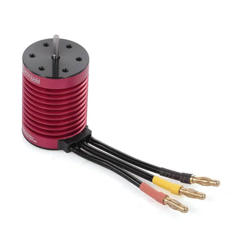 Waterproof 4370KV Brushless RC Car Motor With 45A ESC for 1 tenth scale cars, red 4 pole 12 slot design, cables attached.