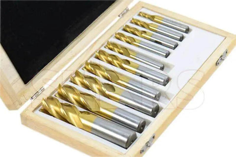 End Mill Set For Metalworking With Tin Coated Center Cut 4 Flute Bits 3 Sixteenth To 3 Quarter Inch Range Single End 10 Piece Includes Shars Part 404-5869