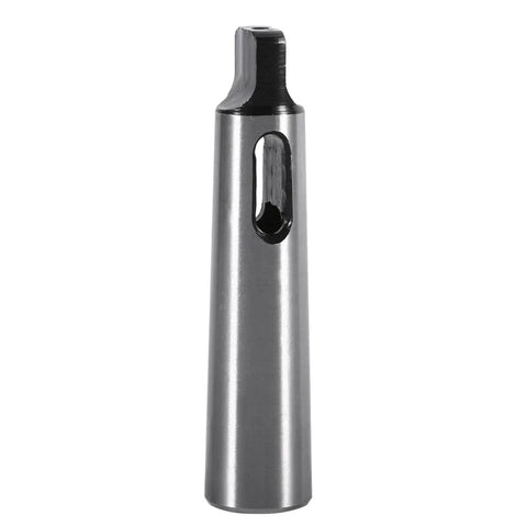 Side view of Morse taper drill sleeve reducing adapter MT1 to MT2, silver steel body with side oval slot.