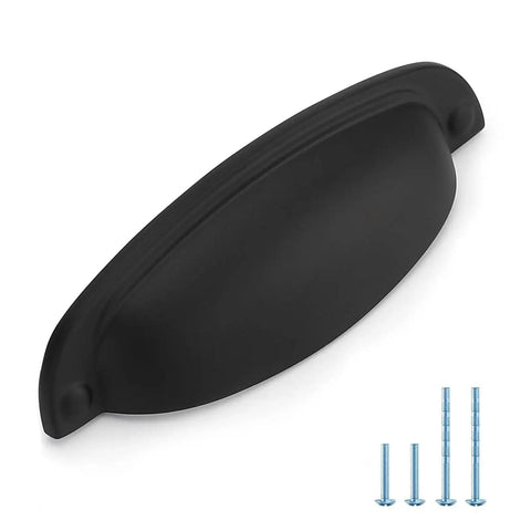 10 Pack Matte Black Cup Pulls Three And Three Quarters Inch Hole Center Zinc Alloy Cabinet Handles with screws included