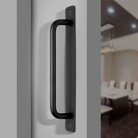 2 Pack Aluminum Alloy Sliding Barn Door Handles With Mounting Plates Black Finish 8.5 Inch Total Length 192 Mm Hole Center installed view