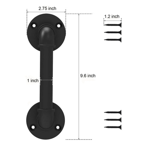 9.6 Inch Pipe Barn Door Pull Handle In Black Rustic Industrial Finish with screws, iron construction, matte black finish, dimensions shown