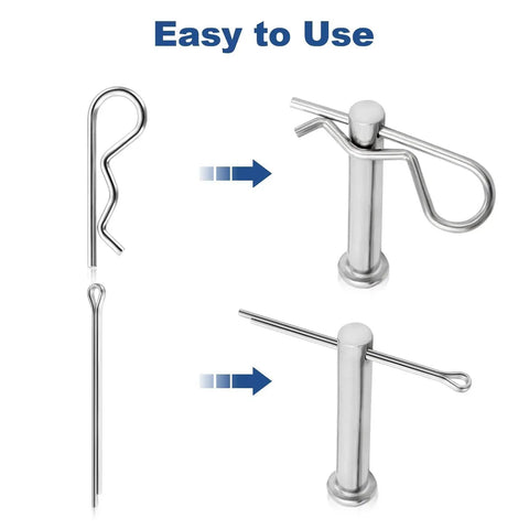 Image of 86 Piece Cotter Pin And R Clip Kit In Stainless Steel With 10 Sizes For Heavy Duty Hitch Pin Lock Systems Lawn Mowers And Tractors Includes M3x60mm M2.5x50mm M2x45mm M1.8x35mm M1.2x21mm R Clips And Straight Pins By LBYNKY showing various pin types and their application.