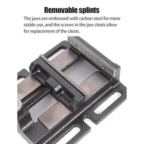 4 Inch Small Flat Table Vise for Woodworking and Machining with Quick Clamp Jaw System, close-up view of cast iron base.