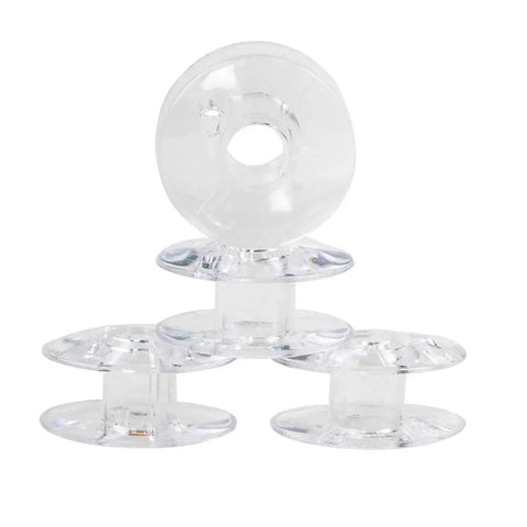 Front view of four clear plastic sewing machine bobbins (4 ct) for replacement use