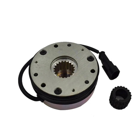 Front view of forklift electromagnetic brake with round metal housing and 24V connector