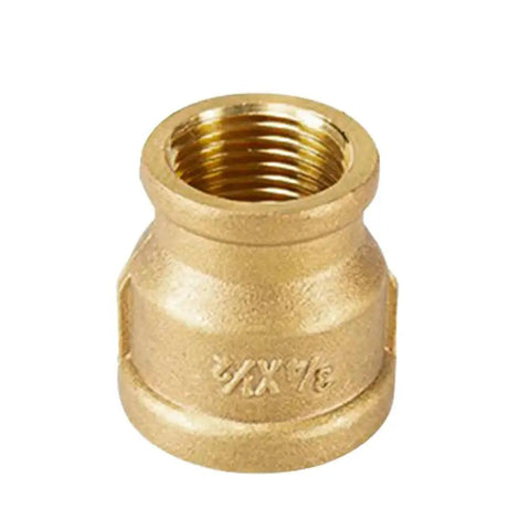 Brass Reducing Coupling Pipe Fittings 1/2 Inch NPS Female To 3/4 Inch NPS Female Threaded Brass Construction, close-up view.