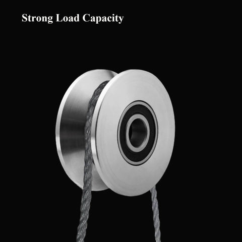 Close-up of Beefy Build Sliding Gate Rollers With Stainless Steel V Groove Wheels And Cable Pulley Block Quiet Smooth Operation