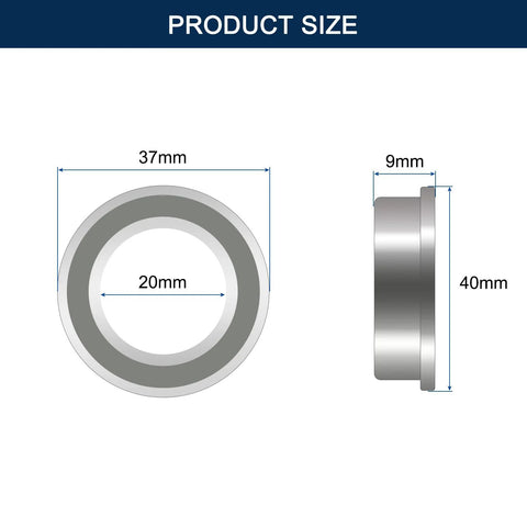 Ball bearing 20 mm bore, 37 mm outer diameter, 9 mm width; front and side views.
