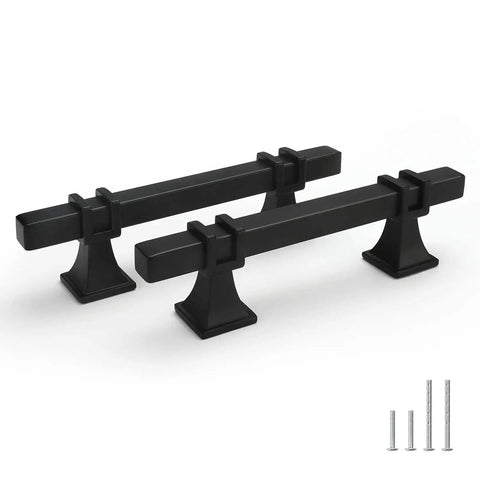 10 Pack 3 Inch Matte Black Cabinet Pulls with solid steel construction and zinc alloy base shown with installation screws