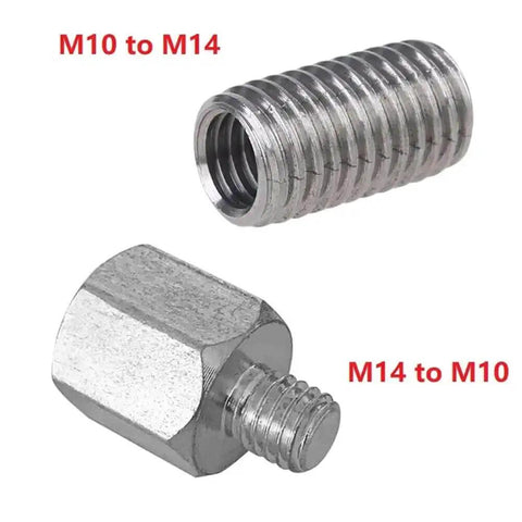 Stainless steel M10 to M14 thread adapter for angle grinder, polisher, drill bit converter, heavy duty universal fit power tool accessory.