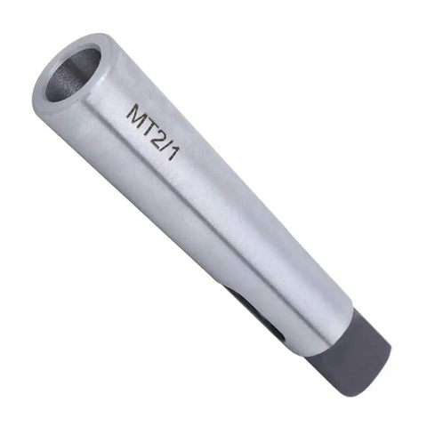 Side view of silver Morse taper reducing adapter MT2 to MT1; precision machined drill sleeve