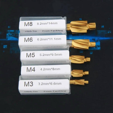 HSS M2 TiN Coated 5-Piece Counterbore End Mill Set For M3 To M8 Sizes, 4 Flutes, Built Tough For Cutting Steel