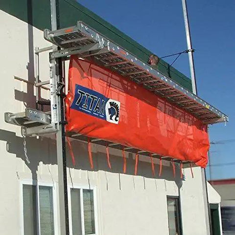 Pump Jack Safety Net 22 Ft Nylon Guard Rail for Stages OSHA Compliant attached to exterior staging platform