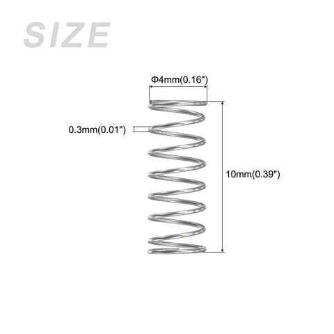 Compression spring, 4mm OD, 0.3mm wire, 10mm free length, stainless steel, silver tone.